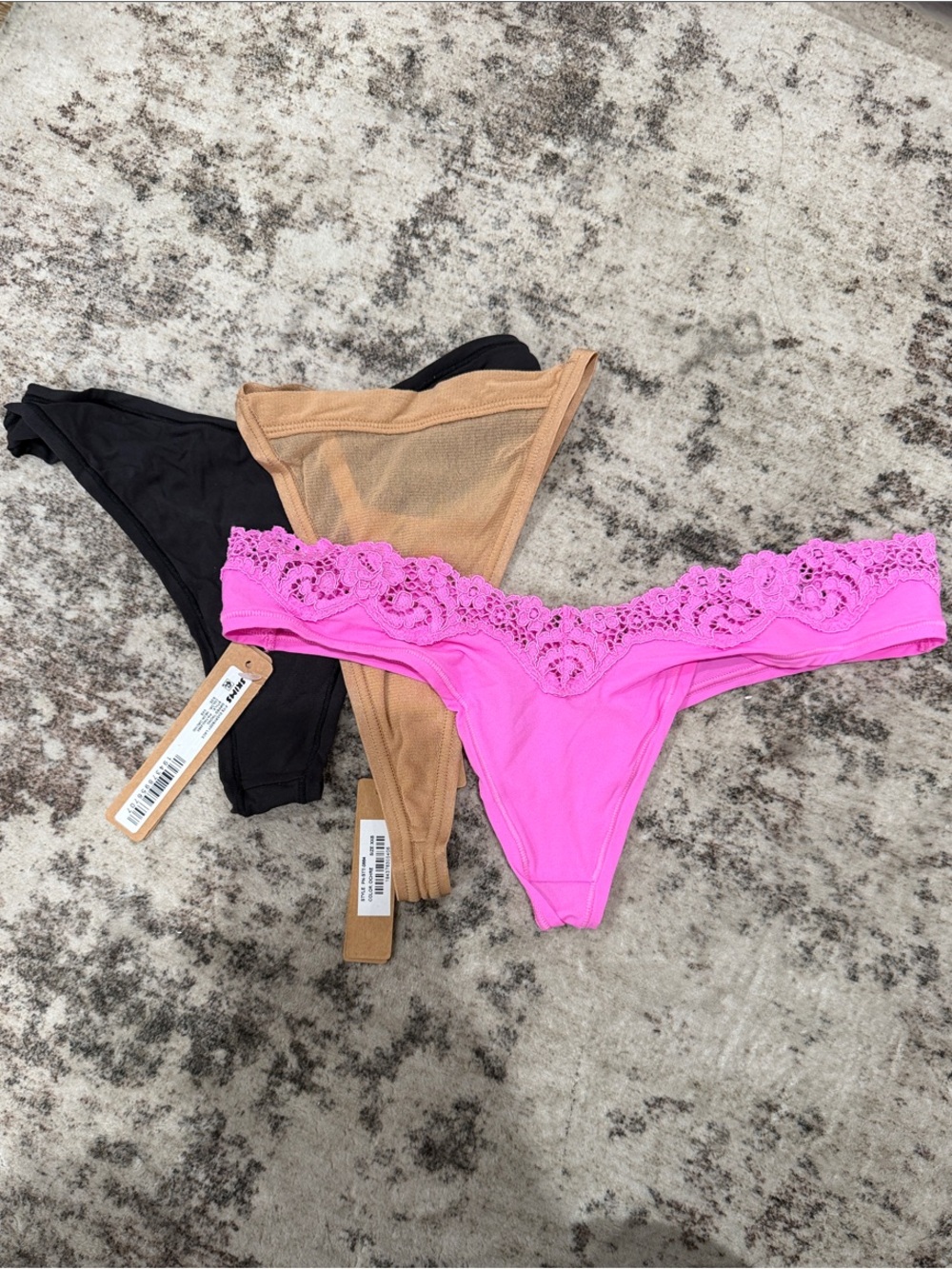 Skims Bundle of Lace-Trim Thong Panties - Pink, Black, Tan